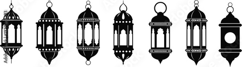 Islamic lantern icon set featuring traditional Ramadan hanging lamps in black silhouette vector style for Muslim holiday decoration and festive design