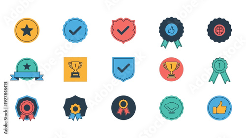 Collection of flat design icons representing achievement awards and validation symbols