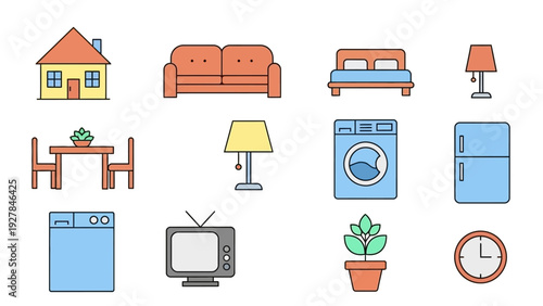 Collection of flat design icons representing home furniture and appliances