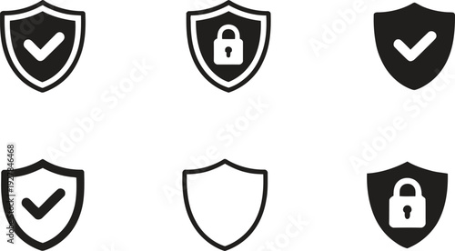 Cyber security and data protection shield icons. Verified safety, privacy lock, and secure system. Vector illustration