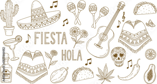Hand drawn Mexican fiesta collection with sombrero maracas guitar tacos and sugar skull in cad drawing flat vector illustration for design