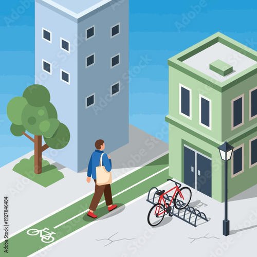 Man walking on a bike path with a bicycle parked nearby.