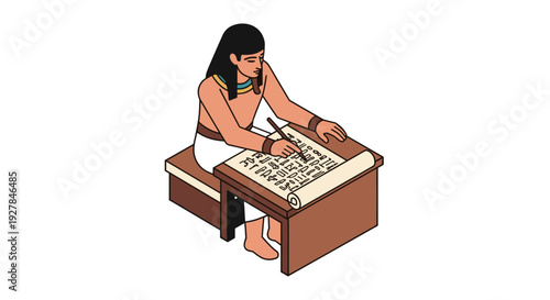 Ancient Scribe Writing on Papyrus Document.