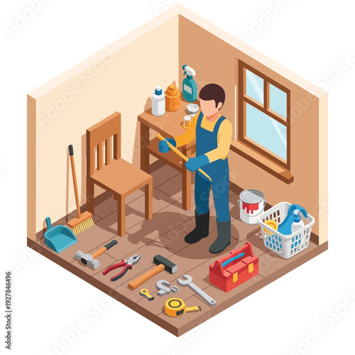Man in overalls cleaning and organizing a room with various tools and equipment.