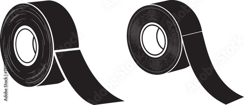 Black gaffer tape rolls with detached ends, isolated on white background, top view vector illustration