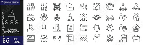 Set of outline icons related to HR, Human Resources, Recruitment, Employment, business, office, company, and management. Editable stroke. Vector illustration.