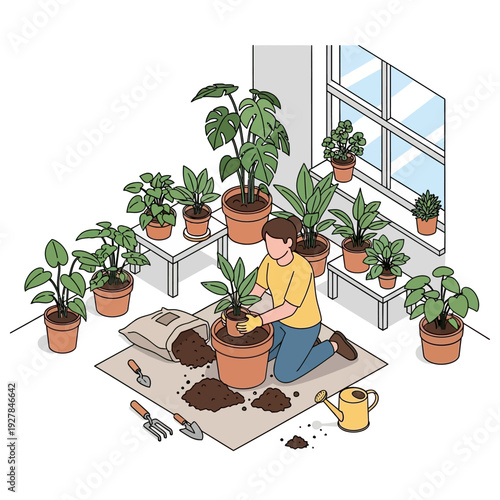 Woman kneeling on floor surrounded by potted plants repotting a plant.