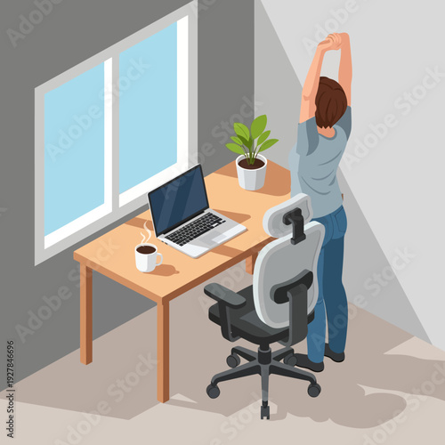 Woman stretching at her office desk with laptop and coffee.