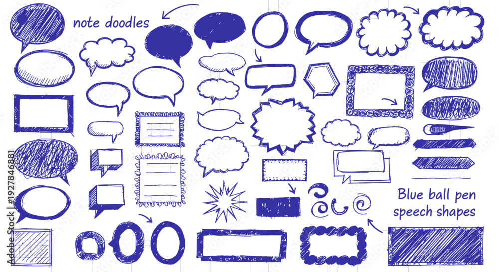 Fototapeta premium Hand drawn blue speech bubbles and note doodles on grid paper