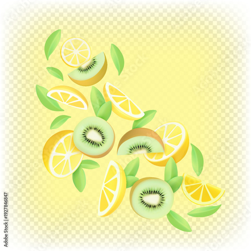 A mix of lemon, mint, and kiwi. 3D flying illustration of fruit pieces. Smoothie, juice, and salad on a yellow background.