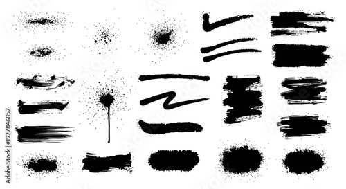 Black brush strokes and splatters on white background for creative design
