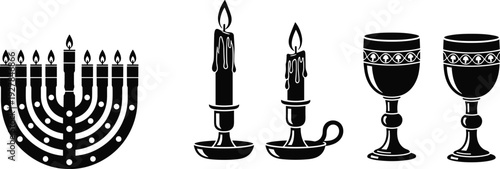 Jewish religious icons set with menorah candles and ritual goblets traditional faith symbols black white flat vector illustration isolated