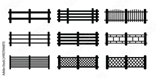 Set of black silhouette wooden fences, featuring horizontal and diagonal styles, isolated vector illustrations for construction, garden, and outdoor design projects.