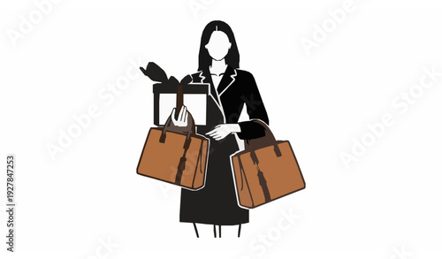 Modern Fashion Boutique Logo Woman with Handbag and Gift Box Vector Design