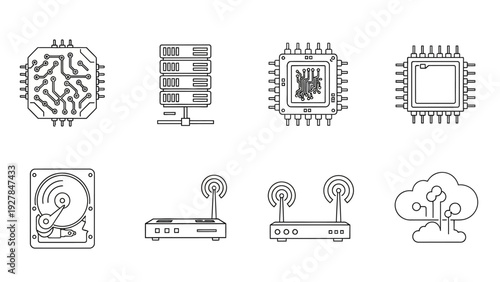 collection of simple line art icons representing various technology and computing hardware elements
