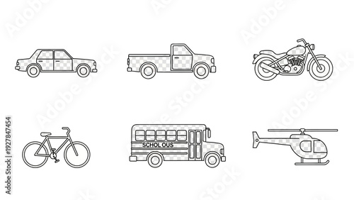 Collection of simplified line art icons depicting various modes of transportation for design