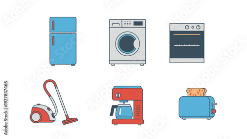 Collection of six cartoon-style domestic appliances on a white background
