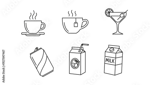 Collection of simplistic line art icons depicting various beverages and drinks in a modern style
