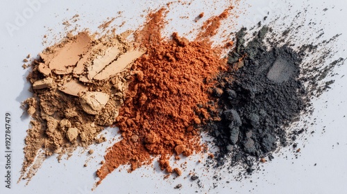 A close-up shot of three different shades of powder pigment scattered on a white surface