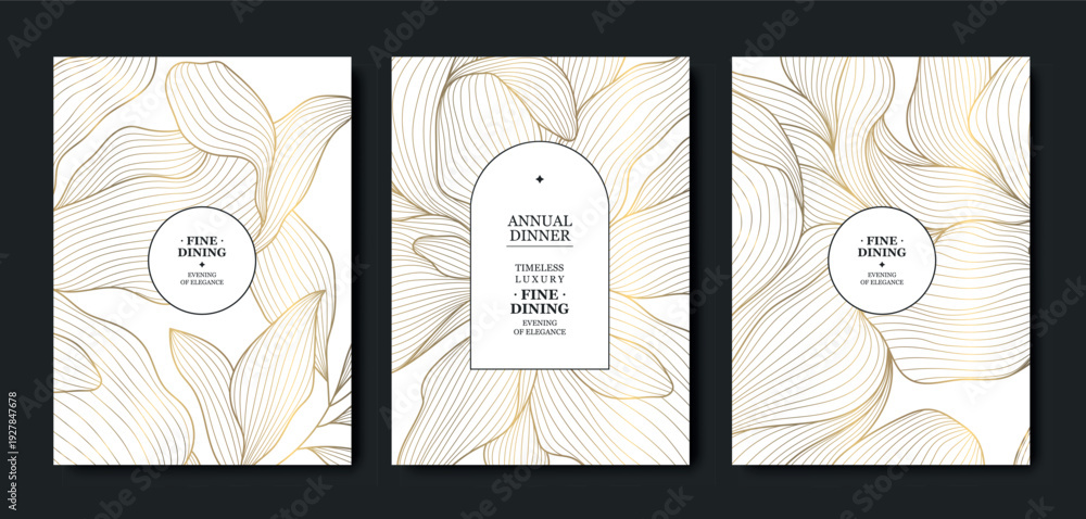 Obraz premium Luxury white background, elegant gold floral line pattern, leaves, flowers. Vector design wedding invitations, gala dinners, wine labels, birthday cards, tropical event flyers