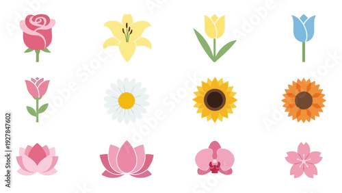 Collection of stylized floral icons featuring a variety of popular flowers in different colors