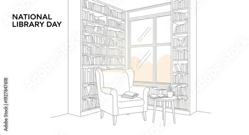 National Library Day Illustration Bookshelves Reading.