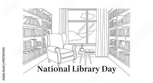 National Library Day Illustration Bookshelves.