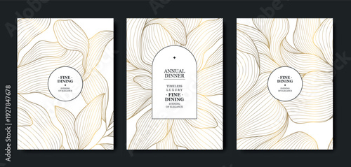 Luxury white background, elegant gold floral line pattern, leaves, flowers. Vector design wedding invitations, gala dinners, wine labels, birthday cards, tropical event flyers