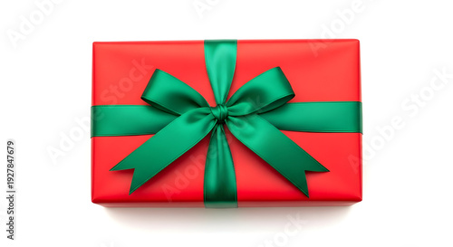 Red gift box with green satin ribbon bow on white background