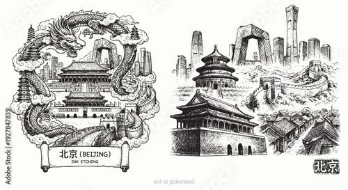 Intricate Beijing China Ink Etching Set: Mythical Chinese Dragon with Forbidden City, Great Wall, Temple of Heaven, and Modern Skyscrapers - Traditional Line Art Vector