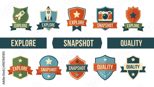 Collection of vintage explorer snapshot quality badges and icons for design projects