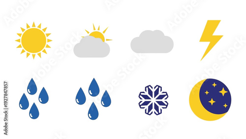 Collection of weather icons representing various meteorological conditions like sun rain snow and