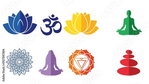 Collection of yoga and meditation symbols including lotus flowers and om sign