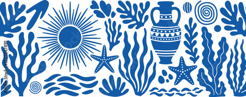 Blue Mediterranean summer collection with sun Greek amphora sea coral starfish and waves in cad drawing flat vector illustration for design