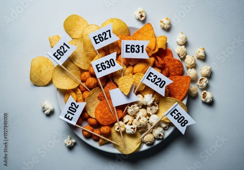 Assorted chips and popcorn on plate with food additive labels. Unhealthy processed snacks concept, artificial additives, flavor enhancers, preservatives, junk food and nutrition risk