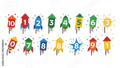 Colorful rockets with numbers from 0 to 10 celebrating in a festive atmosphere
