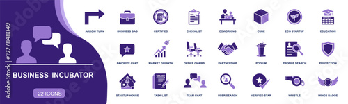 Business incubator icon set. Containing startup, coworking, partnership, growth, checklist, certificate, podium, term sheet verified, protection and more. Solid fill vector icons collection.