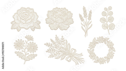 Delicate lace botanical bouquet illustrations set.