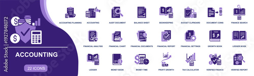 Accounting icon set. Containing audit, balance sheet, bookkeeping, budget, ledger, tax calculator, finance report, chart, coins, profit growth and more. Solid fill vector icons collection.
