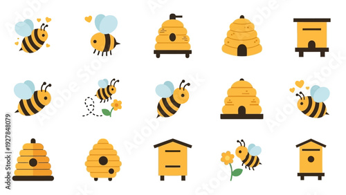 Cute Bee and Beehive Icon Collection for Honey and Nature Themes
