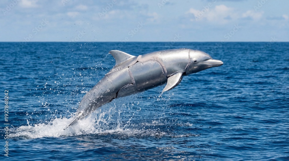 Naklejka premium Dolphin jumping out of ocean water with splashes