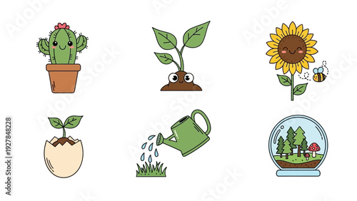 Cute Kawaii Plant Illustrations Featuring Cactus Sunflower Sprout and Watering Can