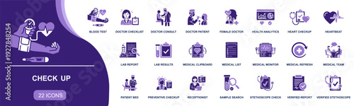 Check up icon set. Containing blood test, lab report, doctor consult, heart checkup, medical clipboard, monitor, verified report, prevention and more. Solid fill vector icons collection.