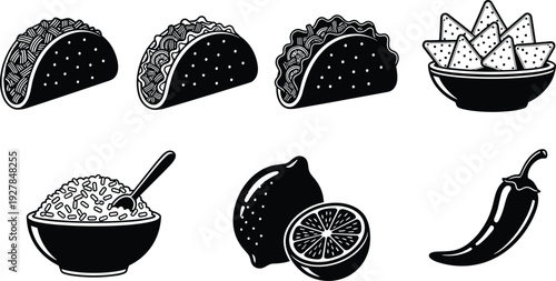 Mexican food icon set featuring tacos tortilla chips rice bowl lemon and chili pepper in bold black silhouette vector style