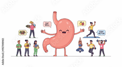 Anatomical human stomach character surrounded by diverse people exercising and holding health food signs in a colorful illustration
