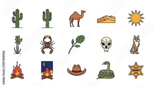 Desert iconography set featuring cactuses camels scorpions snakes and cowboy hats