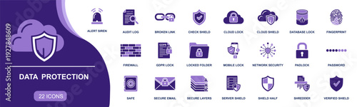 Data protection icon set. Containing firewall, GDPR lock, cloud lock, database lock, password, fingerprint, email security, shredder, audit log and more. Solid fill vector icons collection.