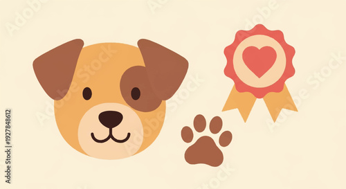 Cute dog face with heart award ribbon and paw print on beige background