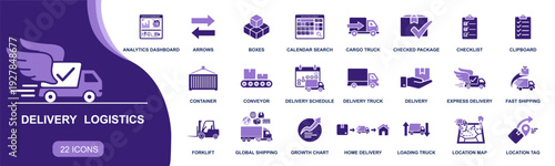 Delivery logistics icon set. Containing shipping, courier, cargo truck, boxes, container, forklift, home delivery, schedule, tracking, map and more. Solid fill vector icons collection.