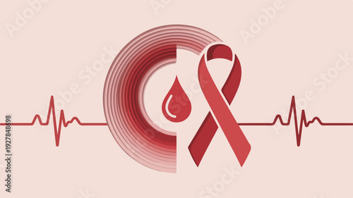 Red Ribbon with Blood Drop Symbolizing World Blood Donor Day on Heartbeat Background